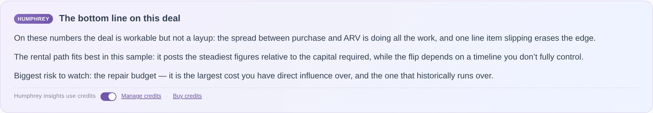 Humphrey's deal verdict card, with the credits notice and switch along the bottom.